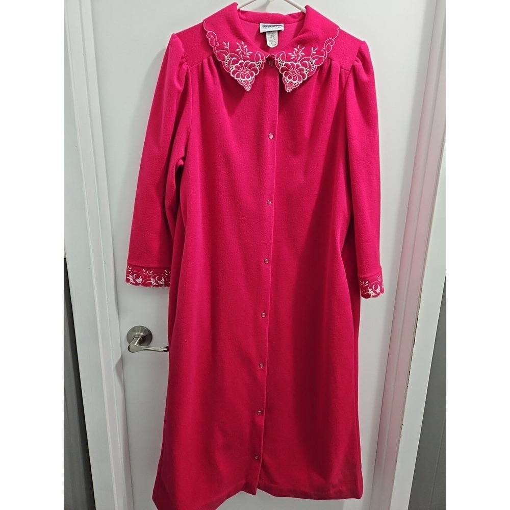 Vtg Hot Pink Long House Coat Pearl Snaps Size Medium Usa Made Adore Ltd Pajamas